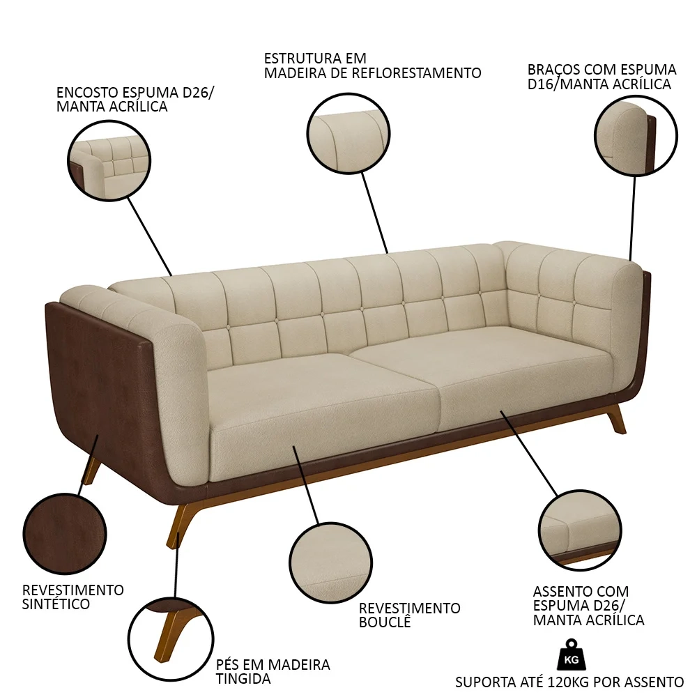 Sofá Living Decorativo 2 Lugares 180cm Bellart Z32 Boucle Bege/Sintético Café - Mpozenato