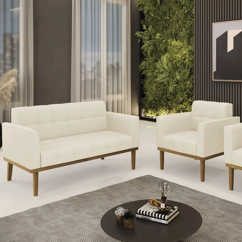 Sofá Namoradeira e 1 Poltrona Base Madeira Castanho Ana Linho Bege - Ibiza