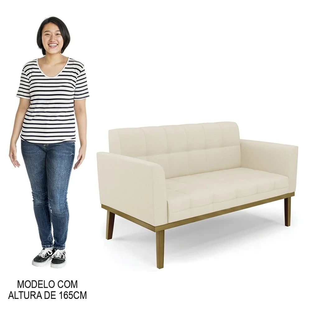 Sofá Namoradeira e 1 Poltrona Base Madeira Castanho Ana Linho Bege - Ibiza
