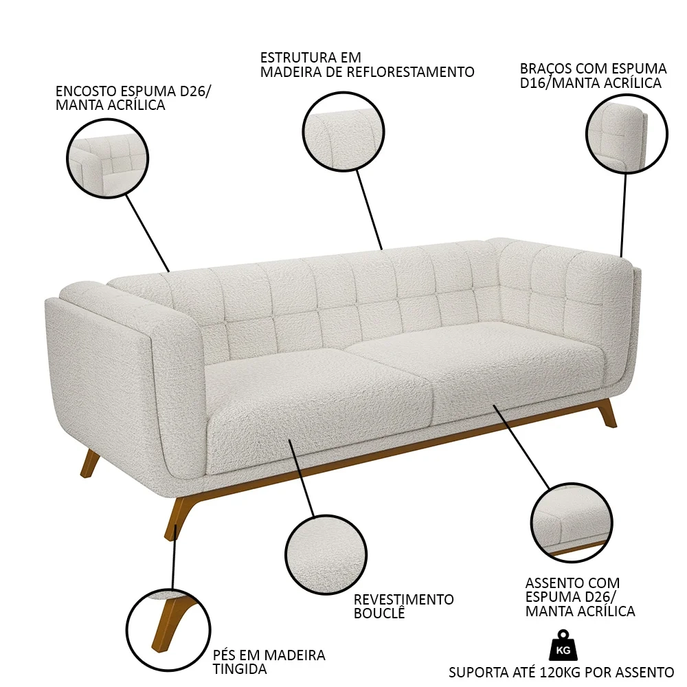 Sofá Living Decorativo 2 Lugares 180cm Bellart Z32 Boucle Branco - Mpozenato