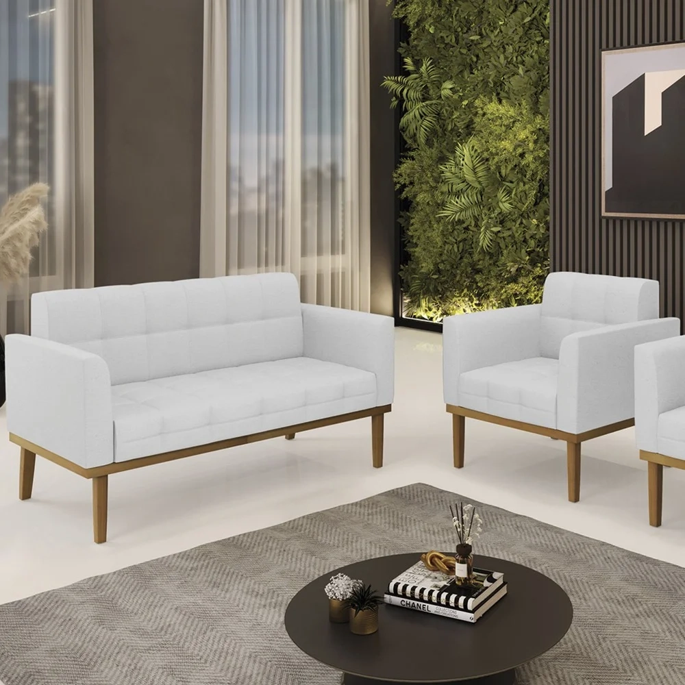 Sofá Namoradeira e 1 Poltrona Base Madeira Castanho Ana Linho Cinza - Ibiza