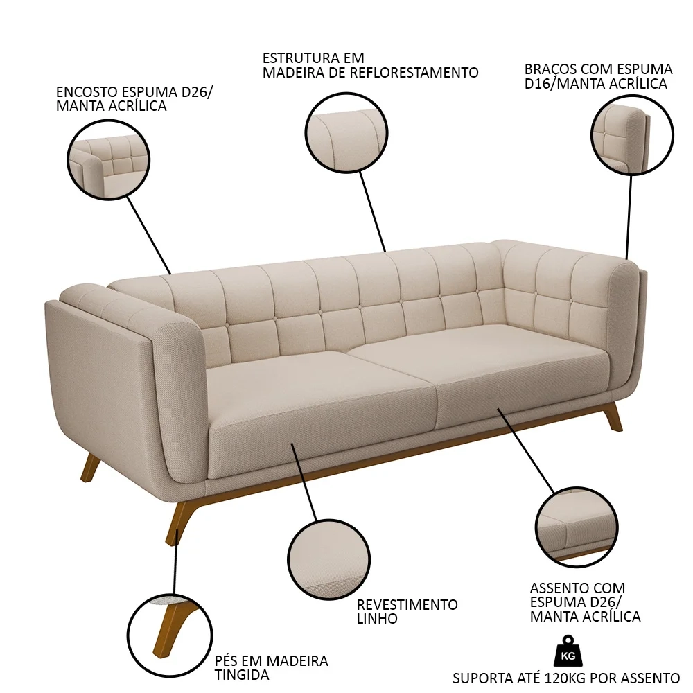 Sofá Living Decorativo 3 Lugares 240cm Bellart Z32 Linho Cru - Mpozenato