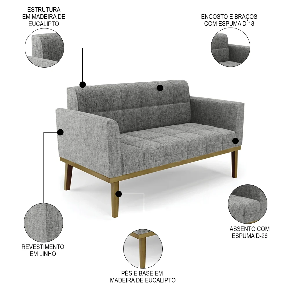 Sofá Namoradeira e 1 Poltrona Base Madeira Castanho Ana Linho Grafite - Ibiza