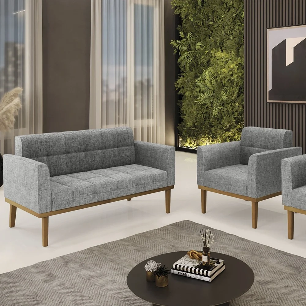 Sofá Namoradeira e 1 Poltrona Base Madeira Castanho Ana Linho Grafite - Ibiza