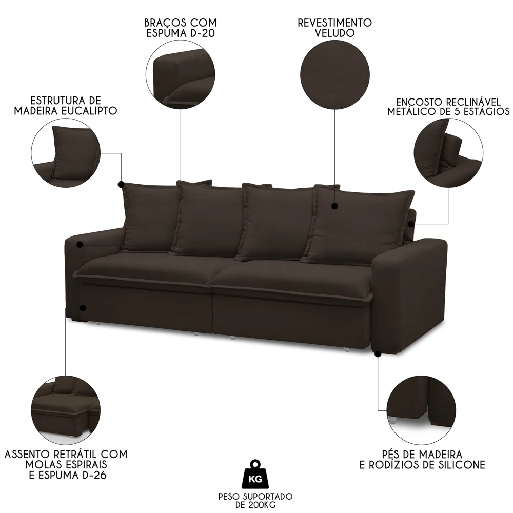 Sofá Retrátil Reclinável 3 Lugares 195cm Roma F05 Veludo Marrom Escuro - Mpozenato