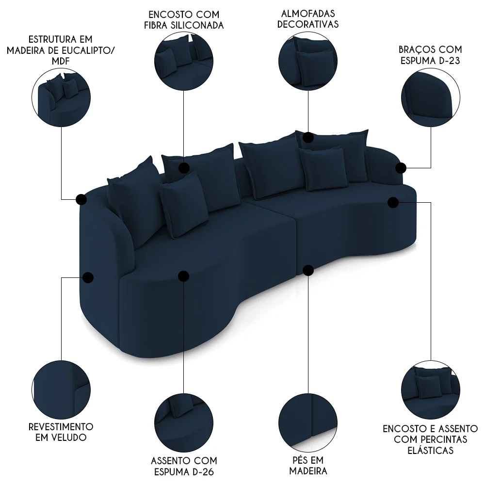 Sofá 4 Lugares 270cm Orgânico Quito Z08 Veludo Azul Marinho - Mpozenato