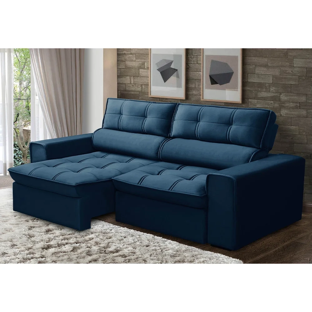 Sofá Retrátil Reclinável 3 Lugares 200cm Blanches F05 Veludo Azul - Mpozenato