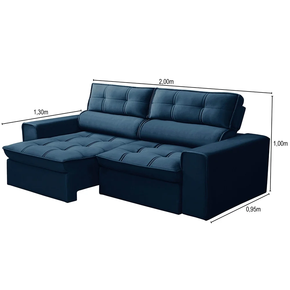Sofá Retrátil Reclinável 3 Lugares 200cm Blanches F05 Veludo Azul - Mpozenato