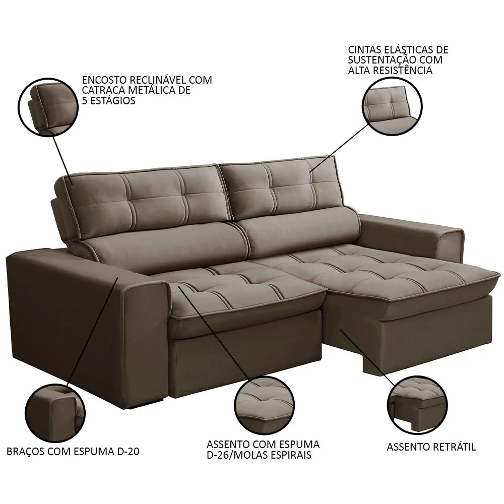 Sofá Retrátil Reclinável 3 Lugares 200cm Blanches F05 Veludo Castor - Mpozenato