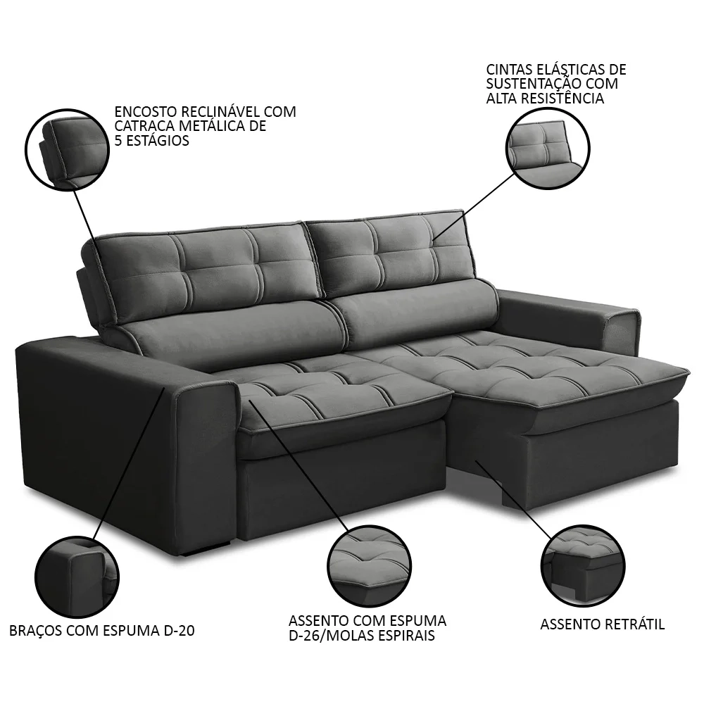 Sofá Retrátil Reclinável 3 Lugares 200cm Blanches F05 Veludo Grafite - Mpozenato