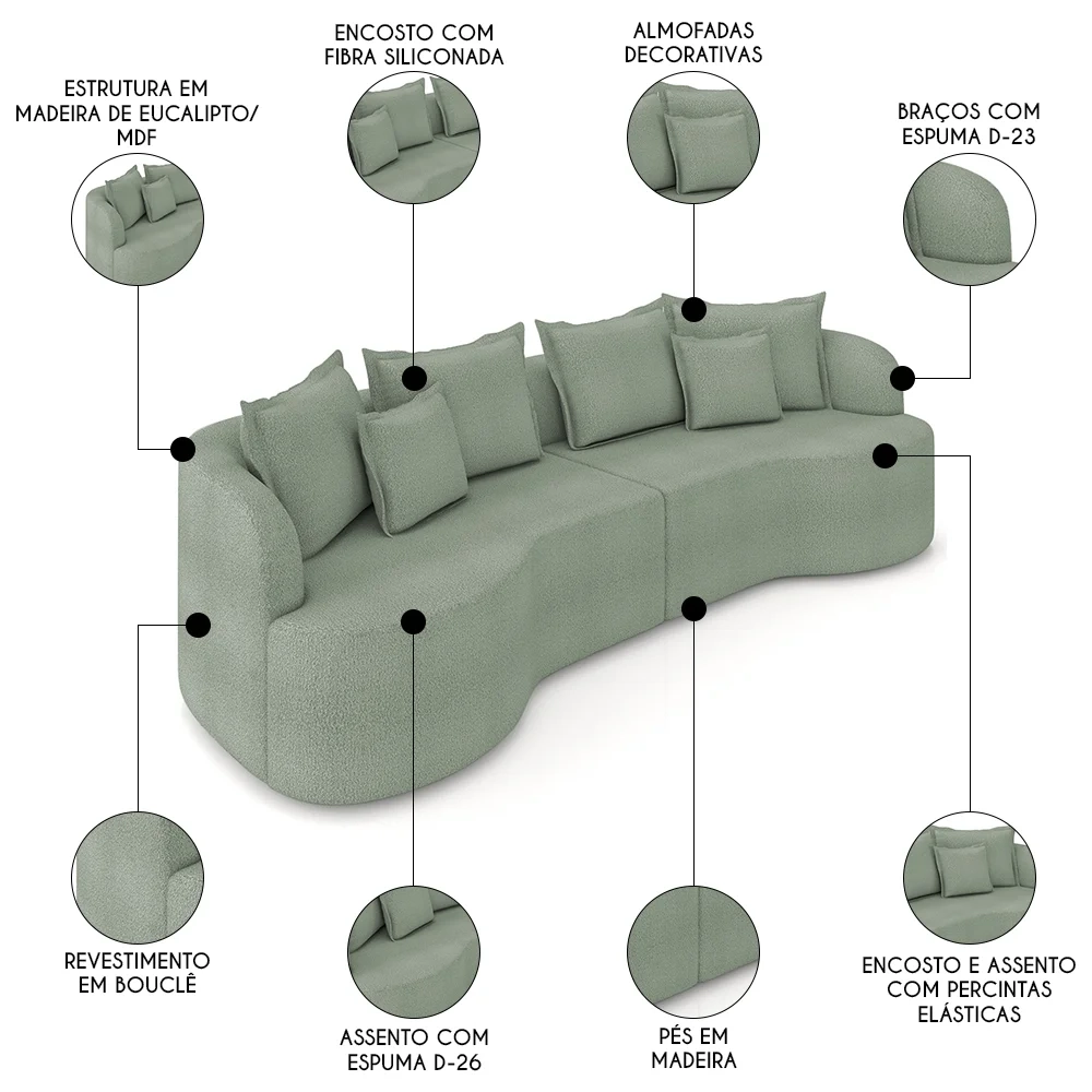 Sofá 4 Lugares 270cm Orgânico Quito Z08 Boucle Verde - Mpozenato