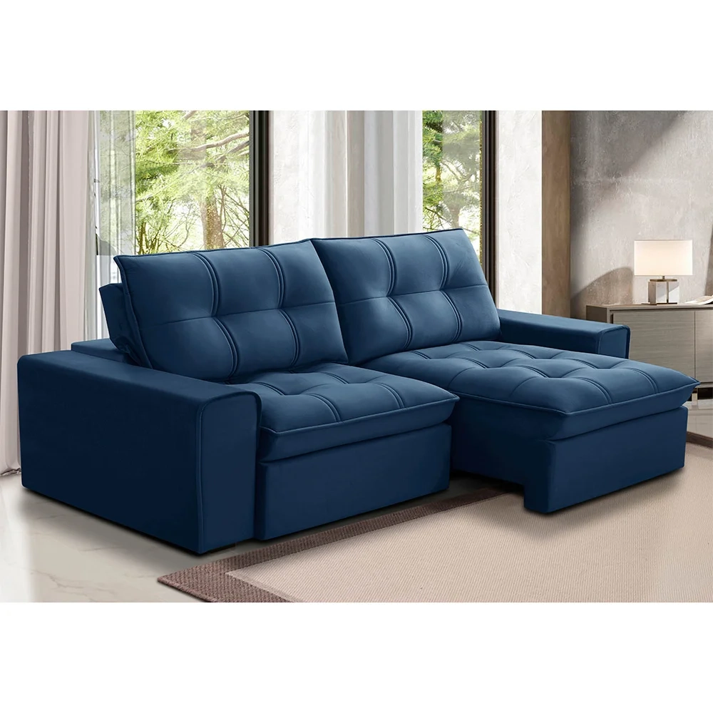 Sofá Retrátil Reclinável 3 Lugares 210cm Argon F05 Veludo Azul - Mpozenato