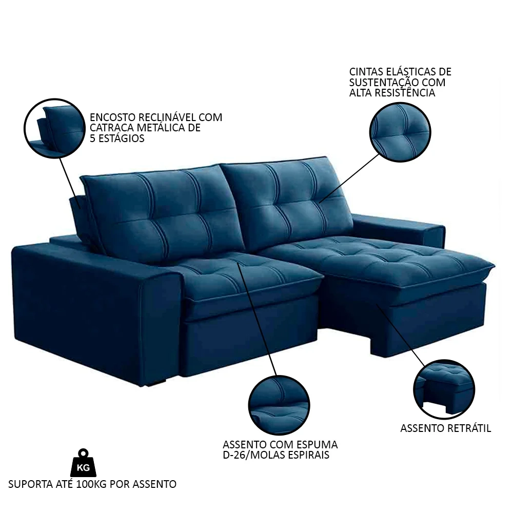 Sofá Retrátil Reclinável 3 Lugares 210cm Argon F05 Veludo Azul - Mpozenato