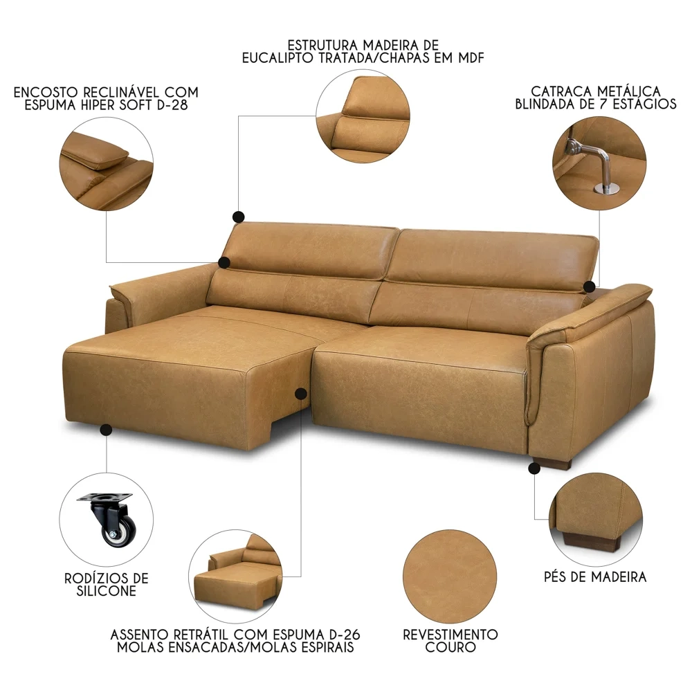 Sofá Retrátil 4 Lugares Sala 280cm Laurie L08 Couro Camel    - Mpozenato