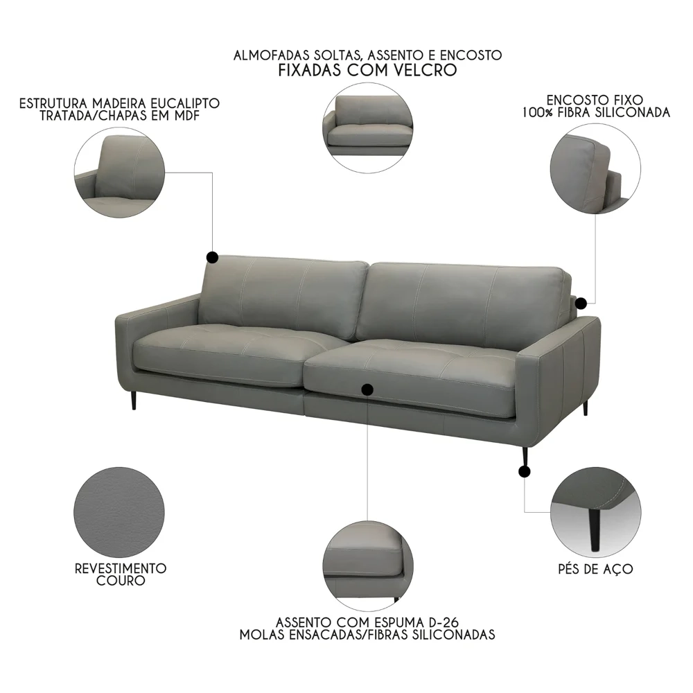 Sofá 3 Lugares Para Sala 210cm Alicie L08 Couro Cinza Claro  - Mpozenato