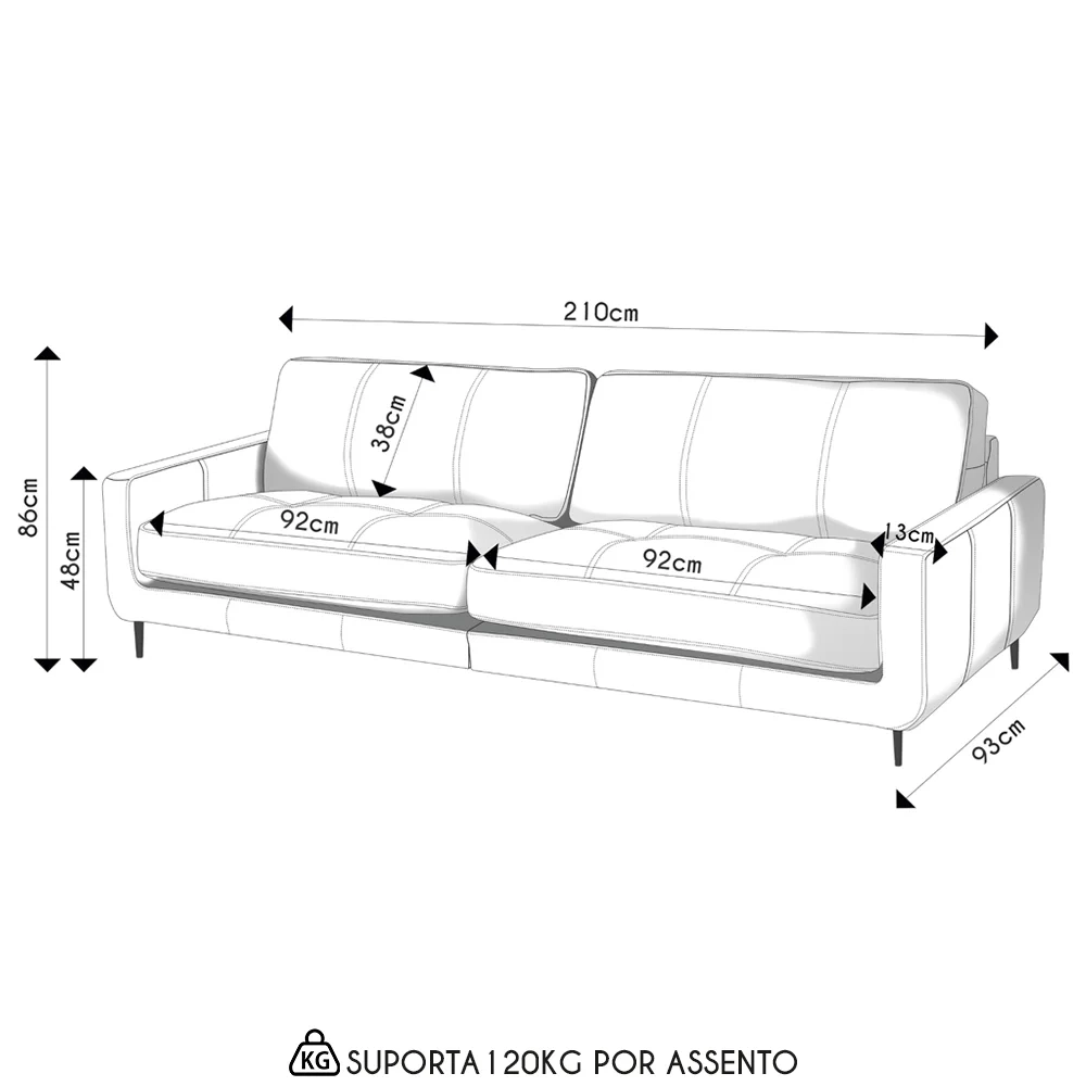 Sofá 3 Lugares Para Sala 210cm Alicie L08 Couro Cinza Claro  - Mpozenato