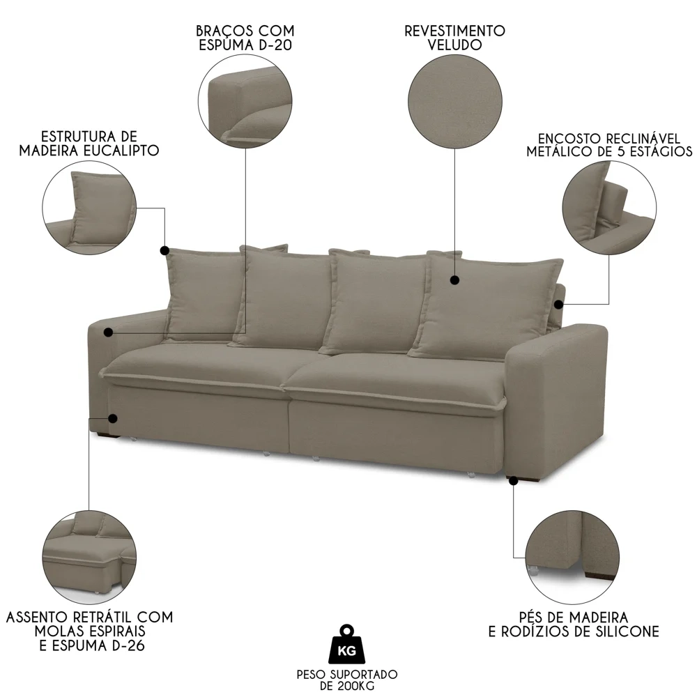Sofá Retrátil Reclinável 3 Lugares 215cm Roma F05 Veludo Marrom - Mpozenato