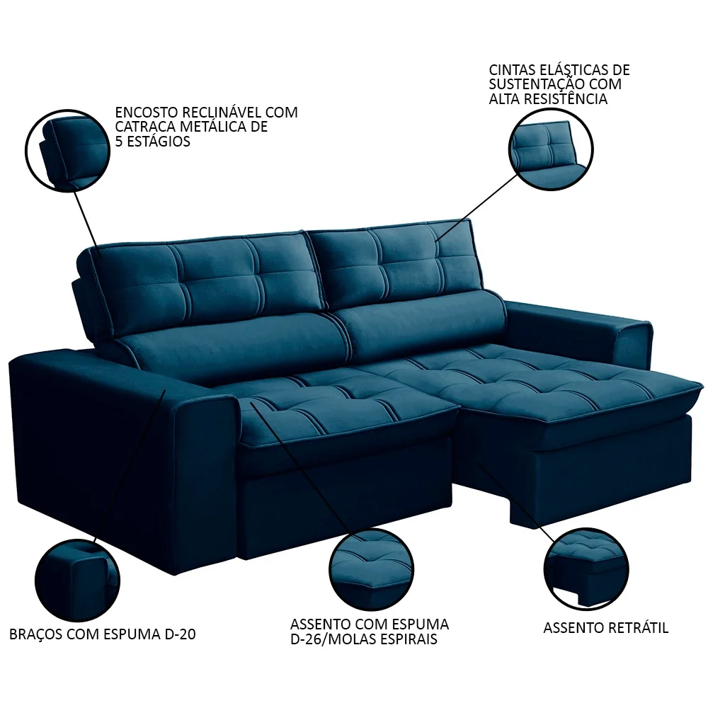 Sofá Retrátil Reclinável 3 Lugares 220cm Blanches F05 Veludo Azul - Mpozenato