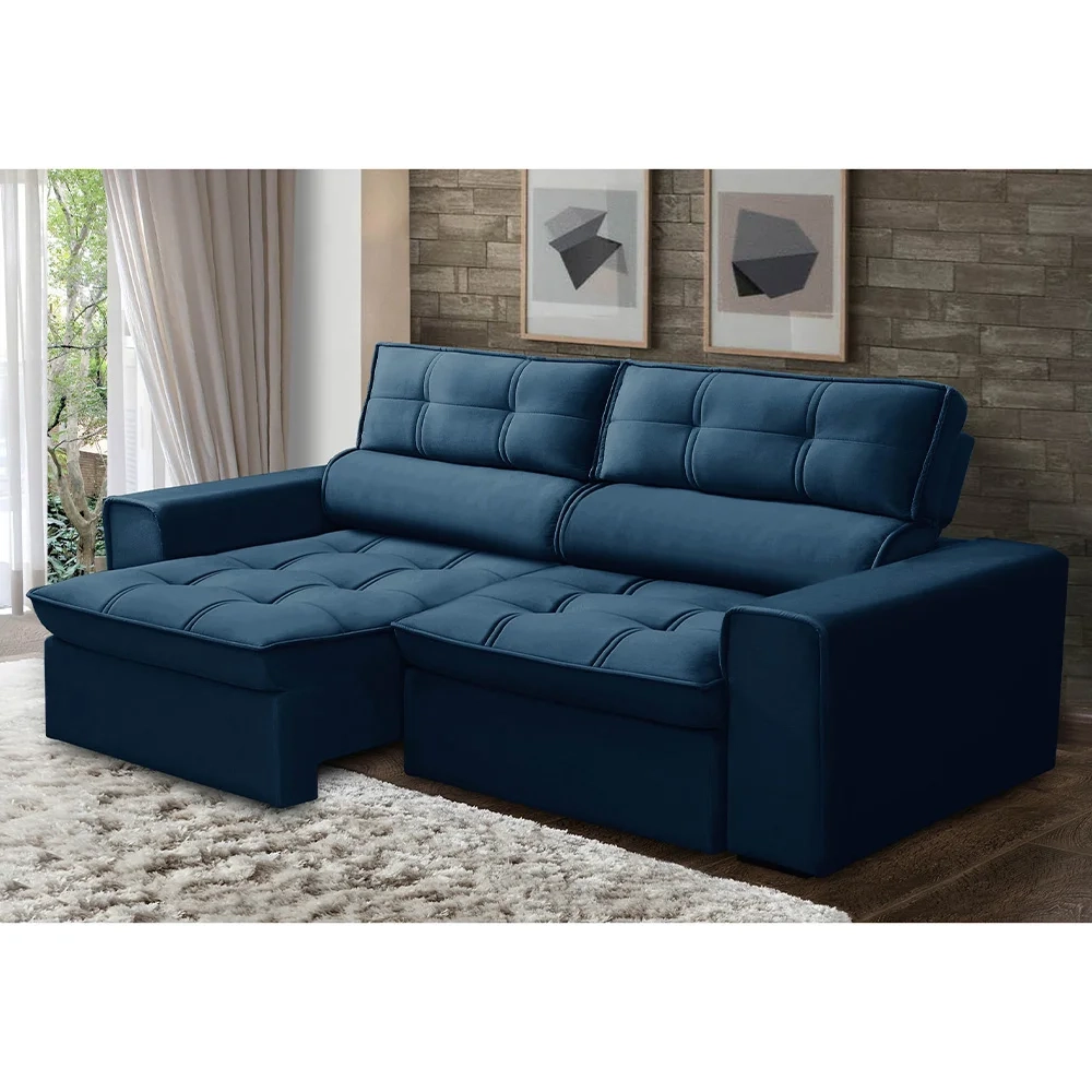 Sofá Retrátil Reclinável 3 Lugares 220cm Blanches F05 Veludo Azul - Mpozenato