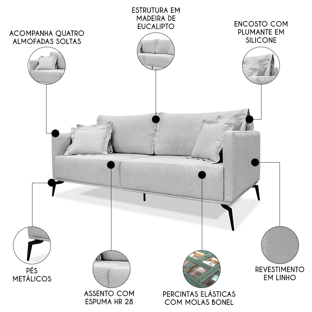 Sofá 3 Lugares 220cm Pés de Metal Vecchia S06 Linho Grigio - Mpozenato