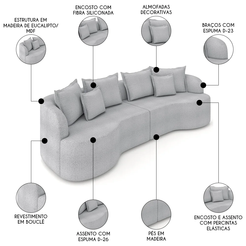 Sofá 3 Lugares 210cm Orgânico Quito Z08 Boucle Cinza - Mpozenato