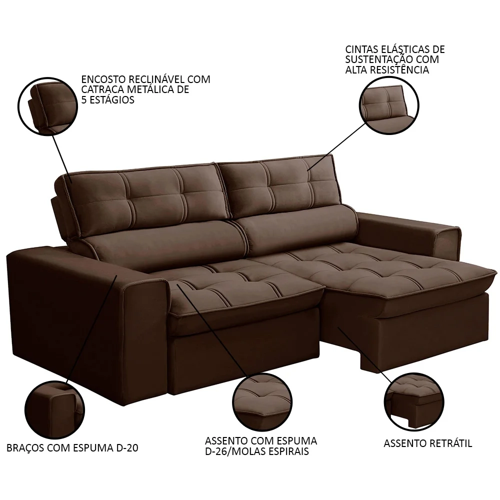 Sofá Retrátil Reclinável 3 Lugares 220cm Blanches F05 Veludo Marrom - Mpozenato