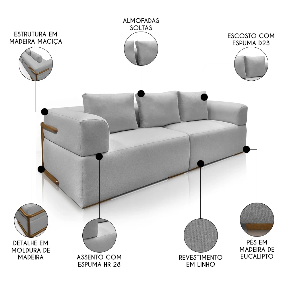 Sofá 4 Lugares Sala de Estar 240cm Willy S06 Linho Grigio - Mpozenato