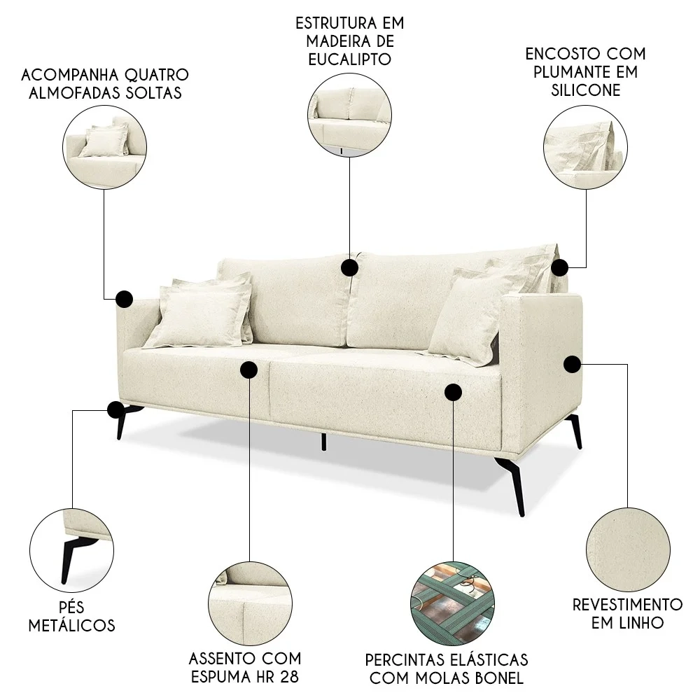 Sofá 2 Lugares 160cm Pés de Metal Vecchia S06 Linho Natural - Mpozenato