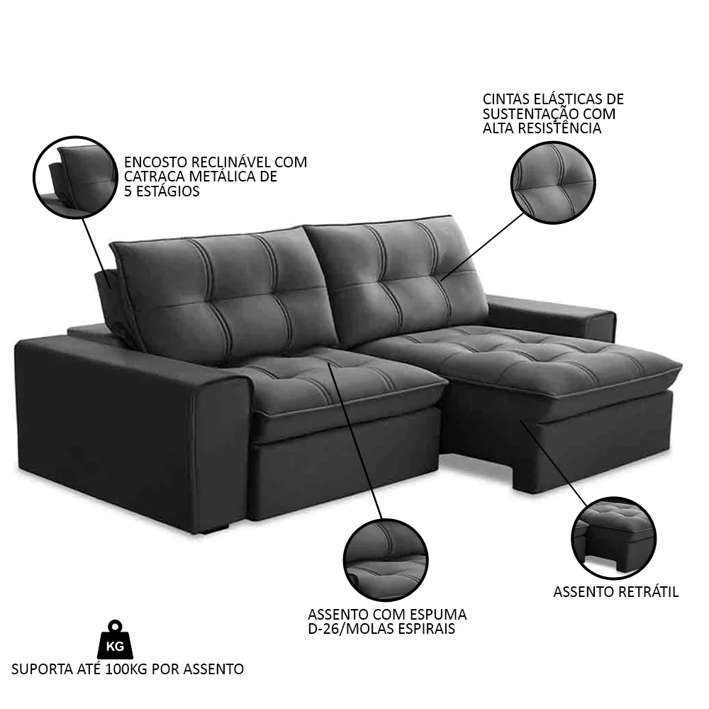 Sofá Retrátil Reclinável 3 Lugares 230cm Argon F05 Veludo Grafite - Mpozenato