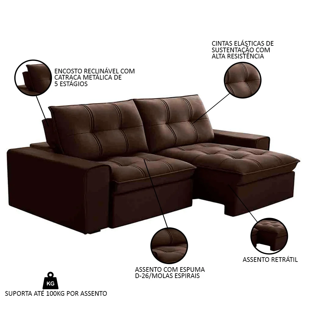 Sofá Retrátil Reclinável 3 Lugares 210cm Argon F05 Veludo Marrom - Mpozenato