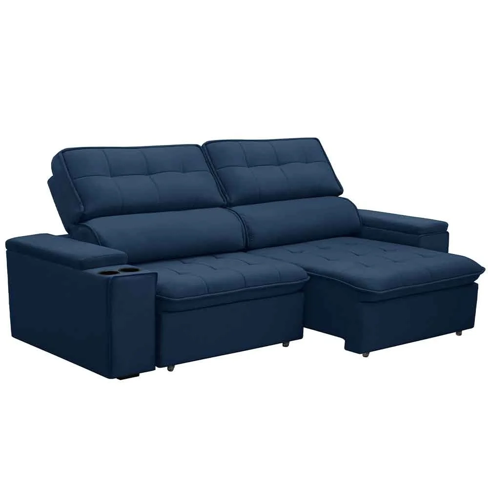 Sofá Retrátil Reclinável 3 Lugares 230cm Ginevra F05 Veludo Azul - Mpozenato