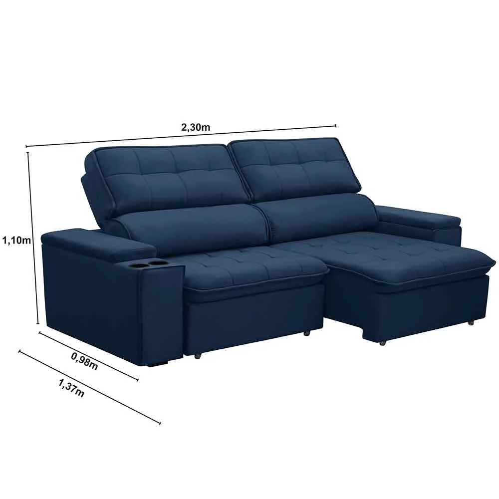 Sofá Retrátil Reclinável 3 Lugares 230cm Ginevra F05 Veludo Azul - Mpozenato