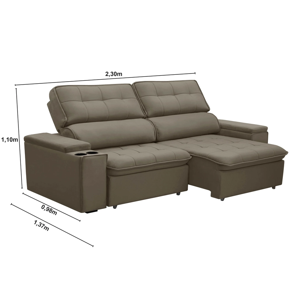 Sofá Retrátil Reclinável 3 Lugares 230cm Ginevra F05 Veludo Castor - Mpozenato