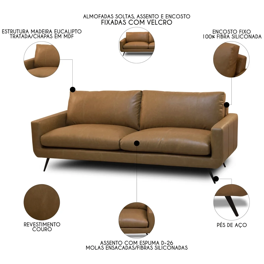 Sofá 4 Lugares Para Sala Living 282cm Merli L08 Couro Camel  - Mpozenato