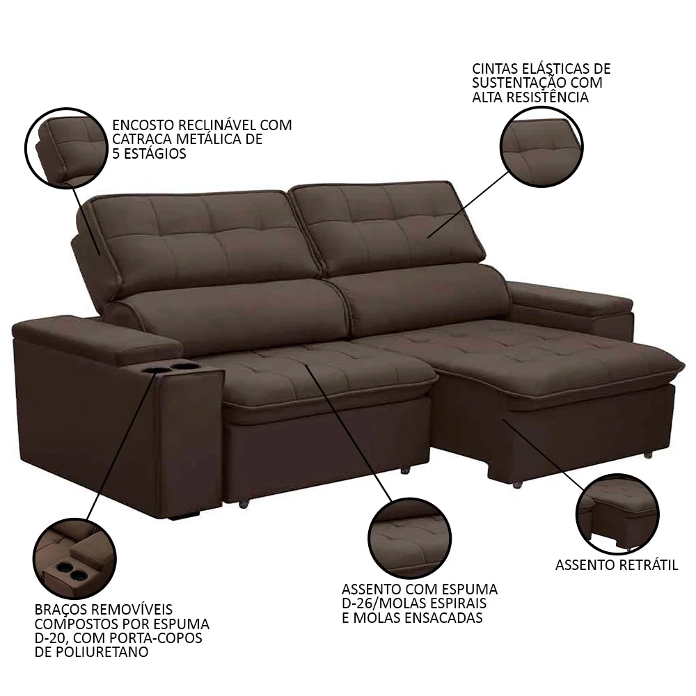 Sofá Retrátil Reclinável 3 Lugares 230cm Ginevra F05 Veludo Marrom - Mpozenato