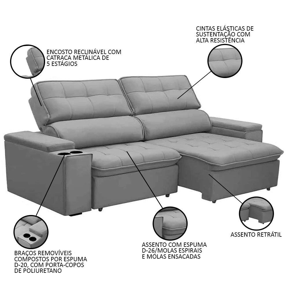 Sofá Retrátil Reclinável 3 Lugares 230cm Ginevra F05 Veludo Prata - Mpozenato