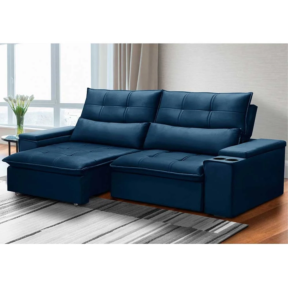 Sofá Retrátil Reclinável 3 Lugares 230cm Moritz F05 Veludo Azul - Mpozenato