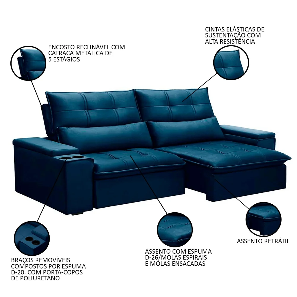 Sofá Retrátil Reclinável 3 Lugares 230cm Moritz F05 Veludo Azul - Mpozenato
