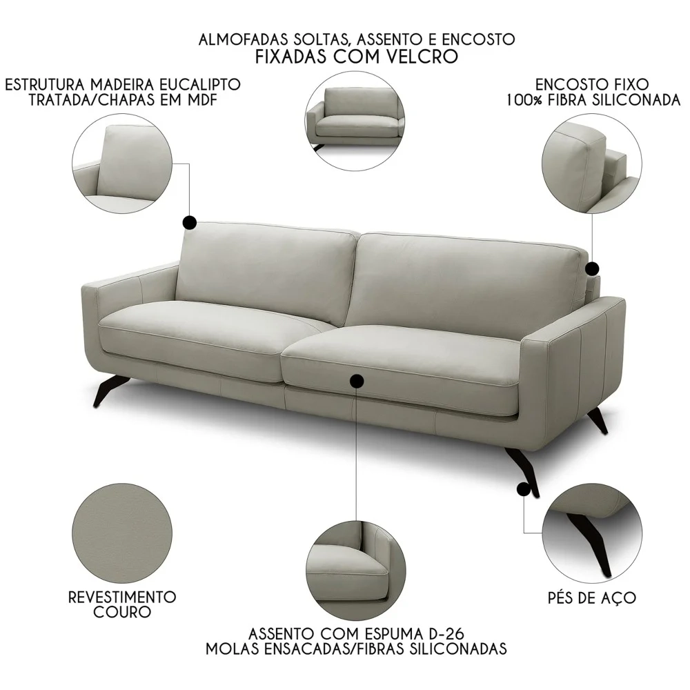 Sofá 3 Lugares Para Sala Living 240cm Vults L08 Couro Pérola - Mpozenato