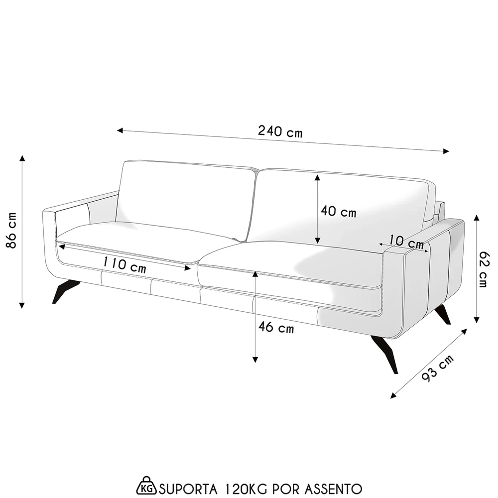 Sofá 3 Lugares Para Sala Living 240cm Vults L08 Couro Off   - Mpozenato