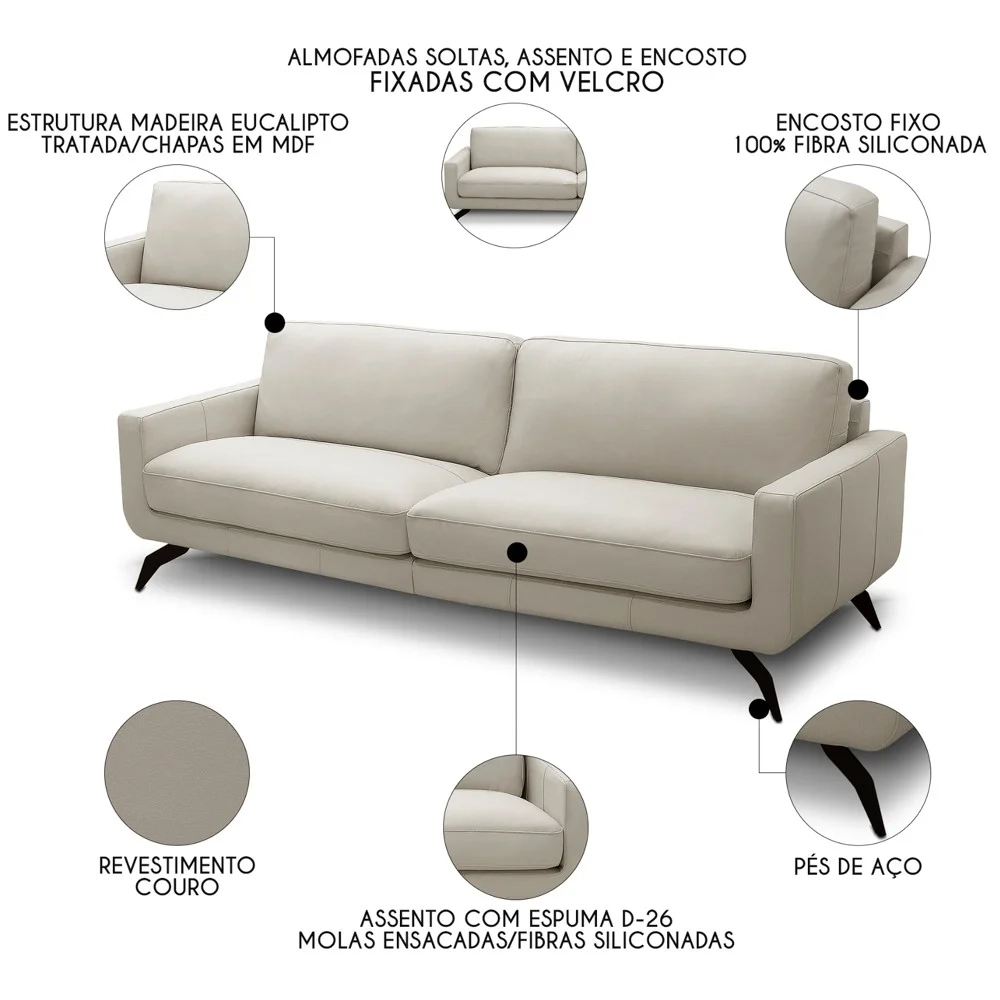 Sofá 3 Lugares Para Sala Living 240cm Vults L08 Couro Off   - Mpozenato