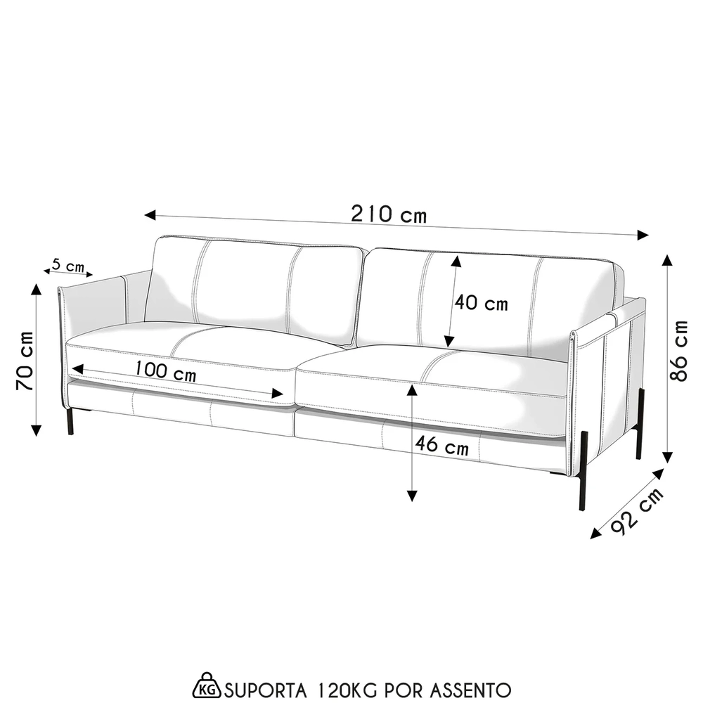 Sofá 3 Lugares Para Sala Living 210cm Bliss L08 Couro Camel  - Mpozenato