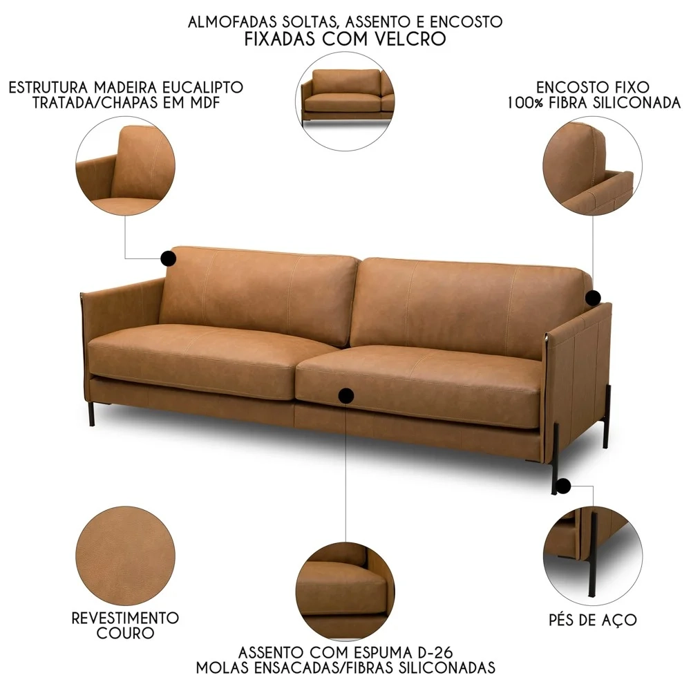 Sofá 3 Lugares Para Sala Living 210cm Bliss L08 Couro Camel  - Mpozenato