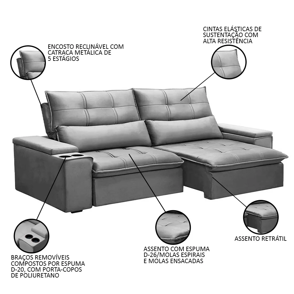 Sofá Retrátil Reclinável 3 Lugares 230cm Moritz F05 Veludo Prata - Mpozenato
