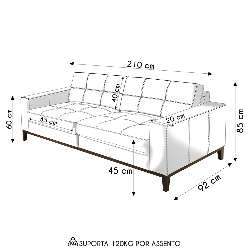 Sofá 3 Lugares Para Sala Living 210cm Ronie L08 Couro Camel  - Mpozenato