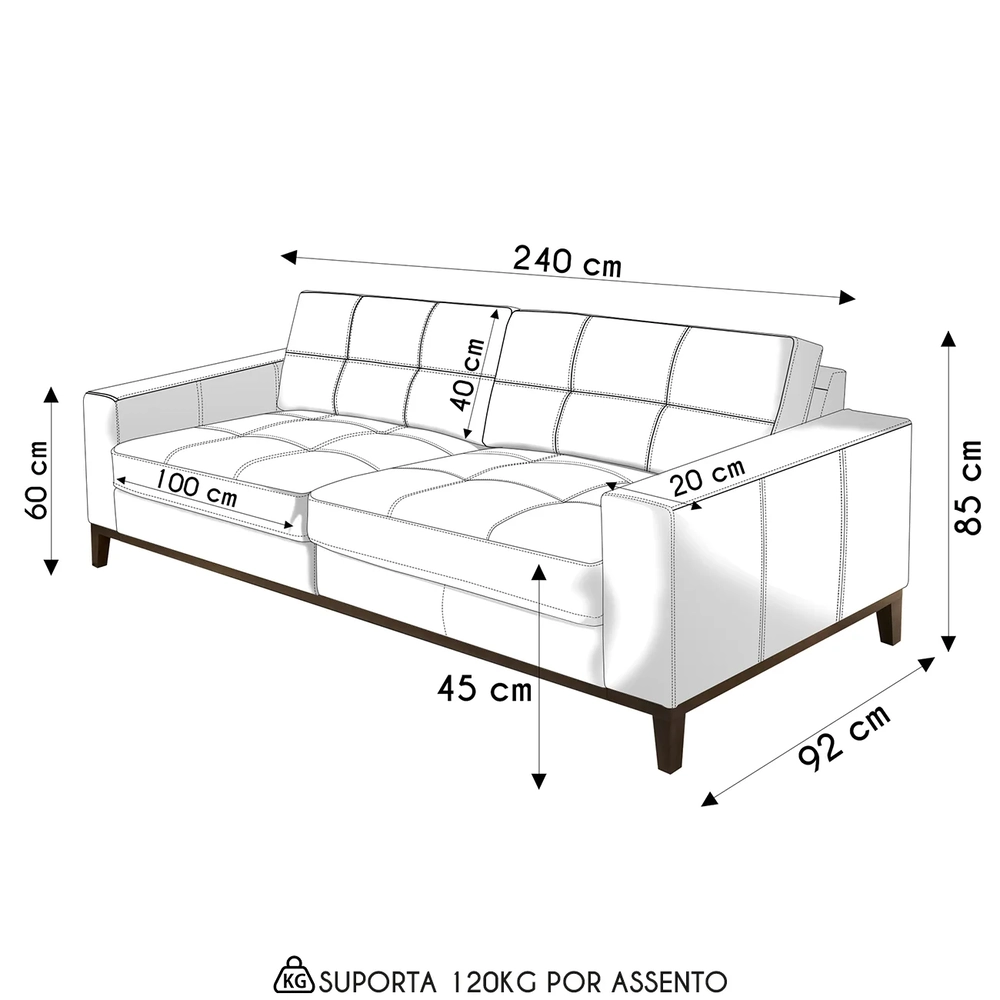 Sofá 3 Lugares Para Sala Living 240cm Ronie L08 Couro Camel  - Mpozenato