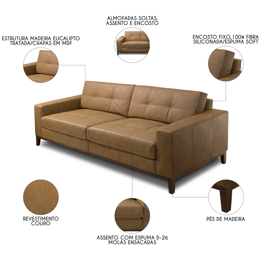Sofá 3 Lugares Para Sala Living 240cm Ronie L08 Couro Camel  - Mpozenato