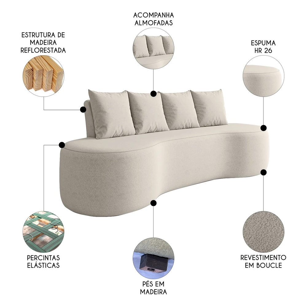 Sofá 3 Lugares 210cm Orgânico Viana B10 Bouclê Creme - Mpozenato