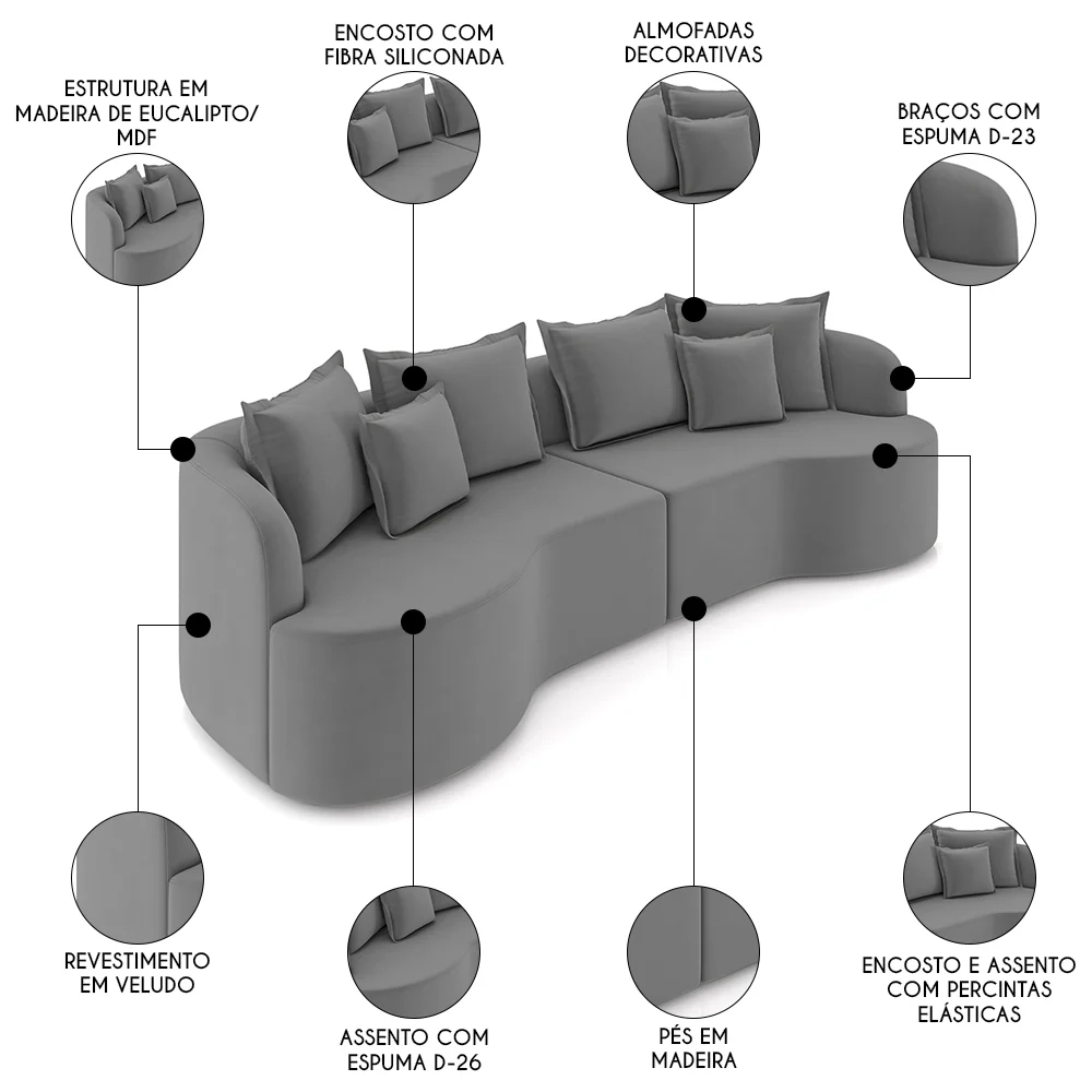 Sofá 3 Lugares 230cm Orgânico Quito Z08 Veludo Cinza - Mpozenato