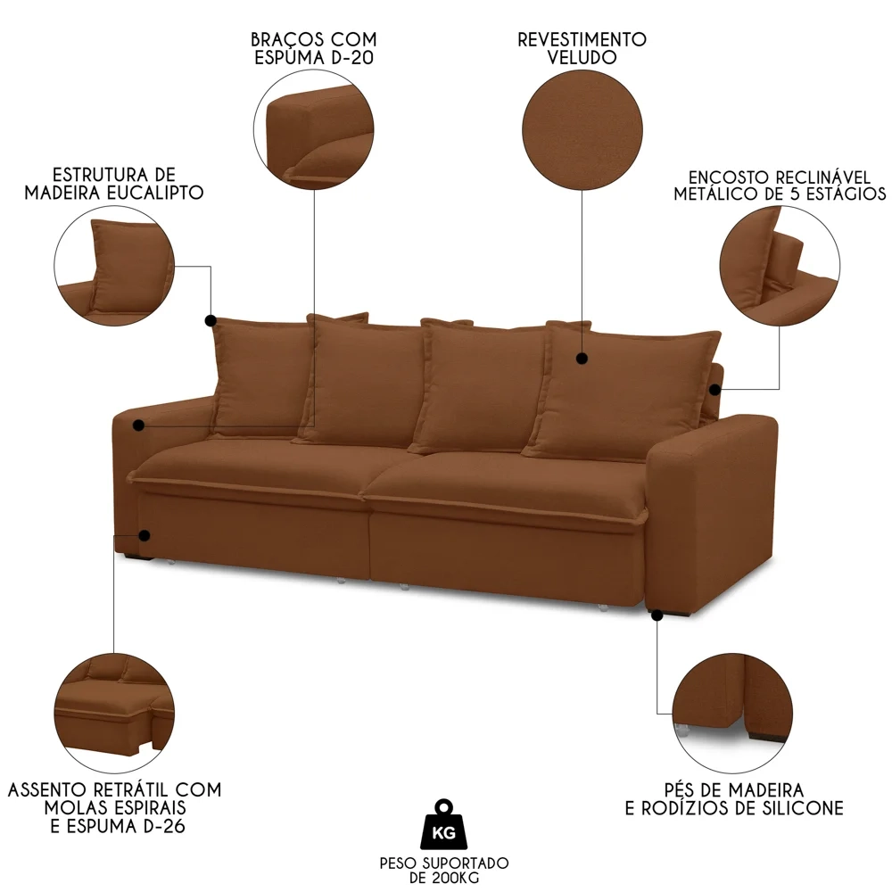 Sofá Retrátil Reclinável 3 Lugares 235cm Roma F05 Veludo Terracota - Mpozenato